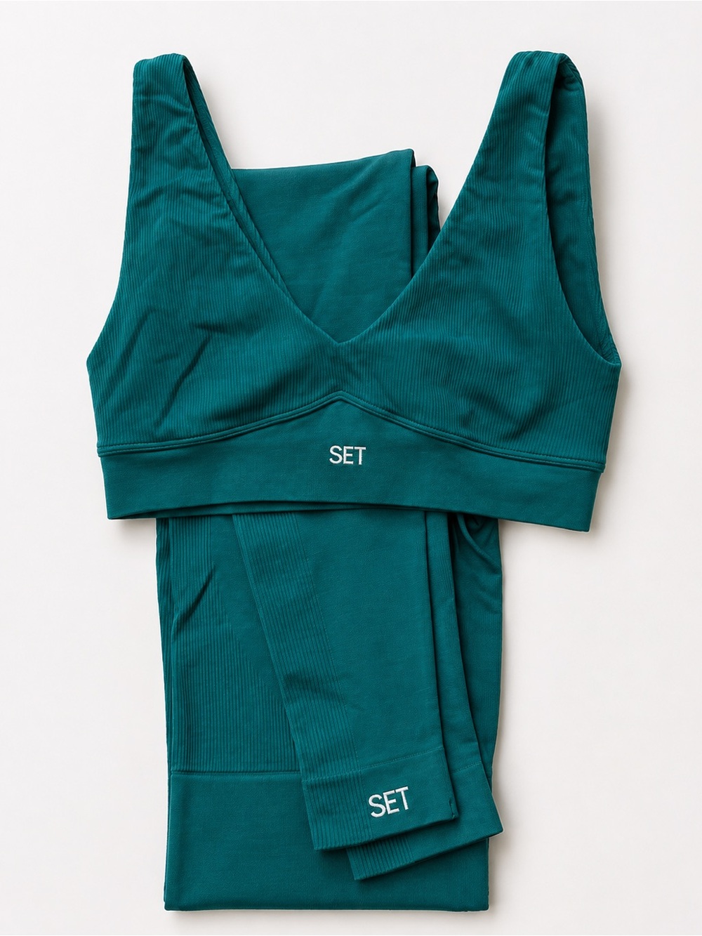 SET Active Ribbed V-Neck Bralette and Leggings — Teal Green
